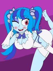 Size: 1932x2576 | Tagged: safe, artist:c_w, sonata dusk, equestria girls, alternate hairstyle, blushing, clothes, cosplay, costume, cute, danmachi, eyeshadow, feet, finger on cheek, halloween, halloween costume, hestia (danmachi), leg in air, looking at you, makeup, one eye closed, pigtails, plump, smiling, solo, sonatabetes, twintails, wink