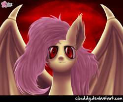 Size: 1083x900 | Tagged: safe, artist:clouddg, fluttershy, bat pony, pony, blood moon, flutterbat, red eyes, signature, solo