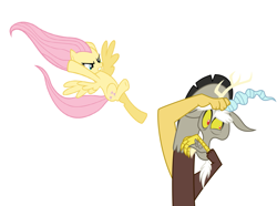 Size: 1633x1213 | Tagged: safe, discord, fluttershy, pegasus, pony, attack, simple background, vector, white background