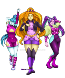 Size: 1024x1236 | Tagged: safe, artist:bunnynha, adagio dazzle, aria blaze, sonata dusk, better together, equestria girls, find the magic, aria bazookas, bracelet, breasts, clothes, converse, deviantart watermark, jewelry, minidress, obtrusive watermark, polka dots, shoes, shorts, simple background, sneakers, sonata bust, spiked headband, taco dress, the dazzlings, transparent background, watermark, white outline