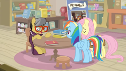 Size: 1600x900 | Tagged: safe, derpibooru import, screencap, a.k. yearling, fluttershy, rainbow dash, pegasus, pony, daring doubt, book, bookshelf, cape, clothes, female, glasses, mare, pen, sad, saddle bag, shelf, sign, sitting, sofa, stool, table