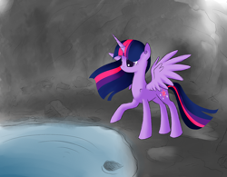 Size: 1280x1000 | Tagged: safe, artist:kiwifingers, derpibooru import, twilight sparkle, twilight sparkle (alicorn), alicorn, pony, cave, dark, female, lake, mare, spring