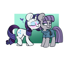 Size: 500x402 | Tagged: safe, artist:lou, maud pie, rarity, earth pony, pony, unicorn, blushing, eyes closed, female, floating heart, heart, lesbian, nuzzling, rarimaud, shipping