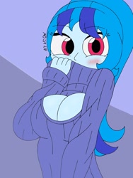 Size: 1932x2576 | Tagged: safe, artist:c_w, sonata dusk, equestria girls, big breasts, blushing, boob window, breasts, cleavage, clothes, cute, eyelashes, hand over face, keyhole turtleneck, looking at you, ponytail, solo, sonata bust, sonatabetes, sweater, turtleneck