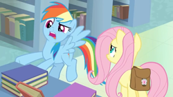 Size: 1600x900 | Tagged: safe, derpibooru import, screencap, fluttershy, rainbow dash, pegasus, pony, daring doubt, book, bookshelf, complaining, duo, duo female, faic, female, flying, frown, mare, open mouth, raised eyebrow, saddle bag, shelf, spread wings, table, wings