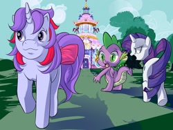 Size: 1600x1200 | Tagged: safe, artist:hakirayleigh, rarity, sparkler (g1), spike, dragon, pony, unicorn, 35th anniversary, :3, angry, bow, carousel boutique, distracted boyfriend meme, eyes on the prize, female, frown, glare, implied shipping, implied sparity, implied straight, looking back, mare, meme, open mouth, raised hoof, smiling, tail bow, walking, wide eyes, winged spike