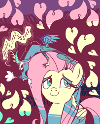 Size: 737x909 | Tagged: safe, artist:darkwingsnark, discord, fluttershy, draconequus, pegasus, pony, confident, discoshy, eyeroll, folded wings, heart, hissing, lidded eyes, limited palette, male, overprotective, shipping, sitting on head, smiling, smirk, smug, smugshy, straight