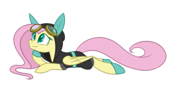 Size: 1024x576 | Tagged: safe, artist:despotshy, fluttershy, pegasus, pony, bunny ears, clothes, costume, dangerous mission outfit, female, goggles, hoodie, hoof on chin, looking up, mare, prone, simple background, smiling, solo, transparent background