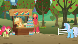 Size: 1366x768 | Tagged: safe, screencap, apple bloom, applejack, big macintosh, goldengrape, linky, shoeshine, sir colton vines iii, earth pony, pony, family appreciation day, apple, apple siblings, apple tree, female, filly, foal, food, jam, male, mare, stallion, tree, zap apple, zap apple jam