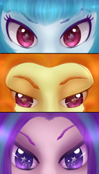 Size: 1200x2100 | Tagged: safe, artist:neko-luvz, adagio dazzle, aria blaze, sonata dusk, equestria girls, cutie mark, cutie mark eyes, eye, eye reflection, eyes, persona eyes, reflection, the dazzlings, wingding eyes