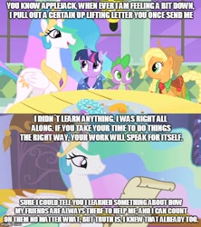 Size: 500x562 | Tagged: safe, edit, edited screencap, screencap, applejack, princess celestia, spike, twilight sparkle, alicorn, dragon, earth pony, pony, the best night ever, the super speedy cider squeezy 6000, celestia's letter, clothes, dress, gala dress, i didn't learn anything, messy mane, uplifting