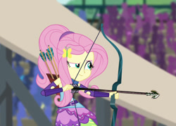 Size: 1008x720 | Tagged: safe, edit, edited screencap, screencap, fluttershy, equestria girls, friendship games, arrow, bow (weapon), bow and arrow, crossover, jojo's bizarre adventure, solo, stand arrow, weapon