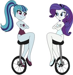 Size: 559x576 | Tagged: safe, artist:erichgrooms3, artist:selenaede, editor:thomasfan45, rarity, sonata dusk, human, equestria girls, bare arms, bare shoulders, barrette, base used, clothes, crossed arms, cute, dat boi, disguise, disguised siren, duo, female, flats, happy, legs, leotard, looking at each other, ponytail, raribetes, sexy, shoes, simple background, sitting, smiling, sonatabetes, unicycle, vector, white background
