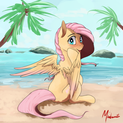 Size: 1000x1000 | Tagged: safe, artist:miokomata, fluttershy, pegasus, pony, beach, blushing, cute, looking at you, ocean, sand, shyabetes, signature, sitting, solo, spread wings, tongue out, water