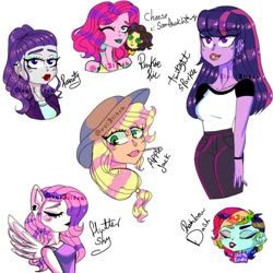 Size: 768x768 | Tagged: safe, artist:rei3litch, derpibooru import, applejack, cheese sandwich, fluttershy, pinkie pie, rainbow dash, rarity, twilight sparkle, equestria girls, alternate hairstyle, bust, clothes, eyelashes, hat, makeup, mane six, one eye closed, ponied up, simple background, text, tomboy taming, white background, wings, wink