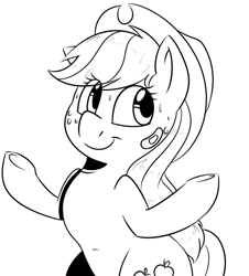 Size: 1125x1242 | Tagged: safe, artist:notenoughapples, applejack, earth pony, pony, bandage, monochrome, shrug, solo, sweat