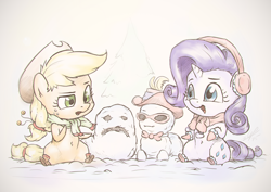 Size: 1440x1018 | Tagged: safe, artist:assasinmonkey, part of a set, applejack, rarity, earth pony, pony, unicorn, apples & gems calendar, boots, chibi, clothes, cute, scarf, snow, snowman, snowpony, weird rock, winter