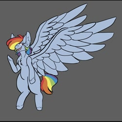 Size: 750x750 | Tagged: safe, artist:ethereal__nebula, derpibooru import, rainbow dash, pegasus, pony, bipedal, female, gray background, mare, simple background, solo, waving