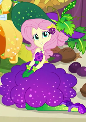 Size: 416x591 | Tagged: safe, derpibooru import, screencap, fluttershy, rainbow dash, better together, equestria girls, holidays unwrapped, bare shoulders, beautiful, clothes, cornucopia costumes, costume, cropped, cute, looking at you, meta, o come all ye squashful, offscreen character, shyabetes, sleeveless, smiling