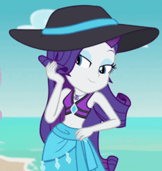 Size: 800x845 | Tagged: safe, screencap, rarity, better together, equestria girls, forgotten friendship, adorasexy, animated, beach, beach babe, beautiful, beautisexy, belly button, bikini, bikini babe, blowing a kiss, clothes, cropped, cute, female, flirting, flirty, geode of shielding, gif, hand on hip, hat, heart, lidded eyes, midriff, raribetes, sarong, sexy, solo, stomach, stupid sexy rarity, sun hat, swimsuit