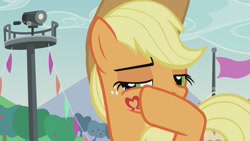 Size: 1920x1080 | Tagged: safe, screencap, applejack, earth pony, pony, the mane attraction, hoofsies, lidded eyes, solo