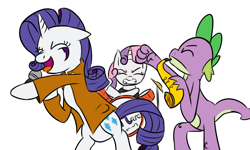 Size: 1000x600 | Tagged: safe, artist:aaron amethyst, rarity, spike, sweetie belle, dragon, pony, unicorn, band, drums, eyes closed, microphone, musical instrument, piercing, rock band, saxophone, tongue piercing