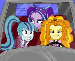 Size: 1039x853 | Tagged: safe, adagio dazzle, aria blaze, sonata dusk, human, equestria girls, dazzling, disguise, disguised siren, driving, what is love