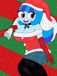 Size: 1932x2576 | Tagged: safe, artist:c_w, sonata dusk, equestria girls, big breasts, boots, breasts, christmas, clothes, costume, evening gloves, eyelashes, eyeshadow, gloves, hat, holiday, jewelry, long gloves, looking at you, makeup, pendant, santa costume, santa hat, shoes, snow, sonata bust, tights