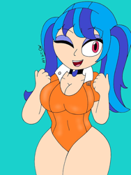 Size: 768x1024 | Tagged: safe, artist:c_w, edit, editor:undeadponysoldier, sonata dusk, human, equestria girls, alternate hairstyle, breasts, cleavage, clothes, cosplay, costume, cute, female, human coloration, jewelry, one eye closed, open mouth, pigtails, recolor, solo, sonatabetes, thighs, wink