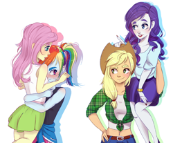 Size: 2300x1900 | Tagged: safe, artist:silbersternenlicht, derpibooru import, applejack, fluttershy, rainbow dash, rarity, equestria girls, carrying, cowboy hat, digital art, female, flutterdash, hat, lesbian, lipstick, rarijack, shipping, simple background, smiling, stetson, strong