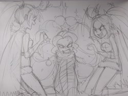 Size: 4160x3120 | Tagged: safe, artist:paradoxbroken, adagio dazzle, aria blaze, sonata dusk, equestria girls, bondage, christmas, christmas tree, disguise, disguised siren, holiday, monochrome, sketch, the dazzlings, traditional art, tree