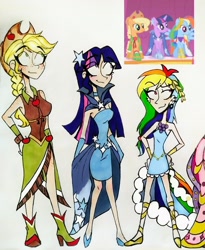 Size: 2406x2937 | Tagged: safe, artist:citi, derpibooru import, screencap, applejack, rainbow dash, twilight sparkle, human, suited for success, clothes, dress, gala dress, height difference, humanized, scene interpretation, screencap reference, traditional art