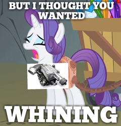 Size: 1079x1124 | Tagged: safe, edit, edited screencap, screencap, rarity, pony, unicorn, a dog and pony show, car, car parts, cropped, pun, roots supercharger, solo, supercharger, whining