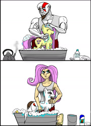 Size: 1232x1712 | Tagged: safe, artist:alexandryuz, artist:cjvselinmortal, fluttershy, human, pony, alternate universe, bath, clothes, crossover, god of war, humanized, kratos, ponified, tanktop