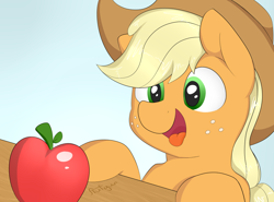 Size: 1280x948 | Tagged: safe, artist:flufgun, applejack, earth pony, pony, apple, food, happy pony, solo, that pony sure does love apples