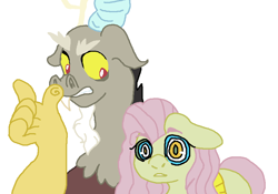 Size: 850x596 | Tagged: safe, artist:zuzuzuzi, discord, fluttershy, pegasus, pony, floppy ears, male, mind control, ms paint, open mouth, simple background, swirly eyes, white background