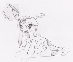 Size: 800x674 | Tagged: safe, artist:dfectivedvice, rarity, pony, unicorn, bucket, dialogue, female, floppy ears, grayscale, mare, monochrome, sketch, solo, unamused, wet, wet mane, wet mane rarity