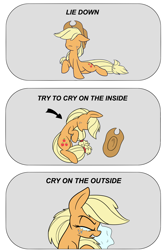 Size: 2000x3000 | Tagged: safe, artist:heir-of-rick, applejack, earth pony, pony, daily apple pony, applejack cries on the inside, crying, crying inside, meme, reaction image, sad, solo, try not to cry, unhapplejack