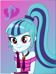 Size: 1280x1694 | Tagged: safe, artist:diilaycc, sonata dusk, equestria girls, rainbow rocks, cute, deviantart watermark, gem, gradient background, looking at you, music notes, necktie, obtrusive watermark, ponytail, siren gem, solo, sonatabetes, watermark, welcome to the show