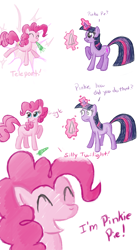 Size: 1024x1863 | Tagged: safe, artist:feather, derpibooru import, pinkie pie, twilight sparkle, earth pony, pony, comic, dialogue, duo, eyes closed, levitation, magic, teleportation