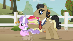 Size: 1366x768 | Tagged: safe, screencap, apple bloom, applejack, diamond tiara, filthy rich, earth pony, pony, family appreciation day, duo focus, father and child, father and daughter, female, male, parent and child