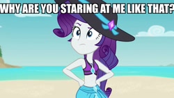 Size: 1920x1080 | Tagged: safe, edit, edited screencap, screencap, rarity, better together, equestria girls, forgotten friendship, belly button, bikini, bikini top, clothes, geode of shielding, hand on hip, hat, image macro, jewelry, meme, midriff, necklace, solo, sun hat, swimsuit, text