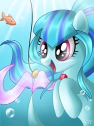 Size: 768x1024 | Tagged: safe, artist:sunshineshiny, sonata dusk, fish, siren, bait, bubble, cute, female, fishing line, food, gem, hooves to the chest, open mouth, siren gem, solo, sonatabetes, taco, that siren sure does love tacos, underwater