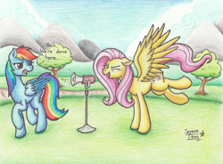 Size: 2454x1805 | Tagged: safe, artist:serenepony, derpibooru import, fluttershy, rainbow dash, pegasus, pony, sonic rainboom (episode), dialogue, megaphone, traditional art, yay