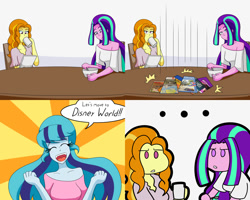 Size: 2000x1600 | Tagged: safe, artist:jake heritagu, adagio dazzle, aria blaze, sonata dusk, comic:aria's archives, equestria girls, bowl, chair, clothes, comic, dialogue, didney worl, female, mug, speech bubble, spoon, table, wat