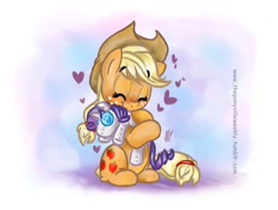 Size: 856x648 | Tagged: safe, artist:vago-xd, applejack, rarity, earth pony, pony, unicorn, cute, female, heart, hug, lesbian, plushie, rarijack, shipping, solo