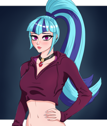 Size: 1366x1600 | Tagged: safe, artist:nathayro37, sonata dusk, human, equestria girls, belly button, blushing, clothes, female, gem, hoodie, human coloration, humanized, looking at you, midriff, short shirt, siren gem, solo