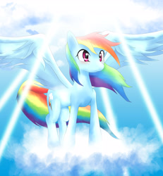 Size: 4500x4874 | Tagged: safe, artist:sadakathebronywolf, derpibooru import, rainbow dash, pegasus, pony, absurd resolution, cloud, crepuscular rays, cute, dashabetes, female, mare, on a cloud, sky, solo, spread wings, wings