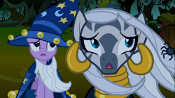 Size: 1366x768 | Tagged: safe, derpibooru import, screencap, star swirl the bearded, twilight sparkle, zecora, zebra, luna eclipsed, clothes, costume