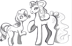 Size: 1314x850 | Tagged: safe, artist:radicalweegee, derpibooru exclusive, rarity, sparkler (g1), pony, unicorn, 35th anniversary, bow, eyeshadow, female, grayscale, heart eyes, lidded eyes, lipstick, looking at each other, makeup, mare, monochrome, raised hoof, simple background, tail bow, white background, wingding eyes